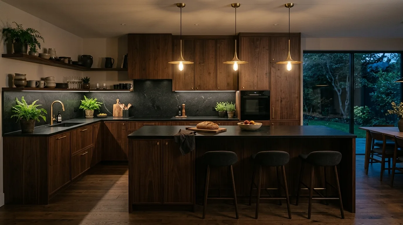 Wood kitchen with plaster walls. Soft organic aesthetic using warm natural materials.