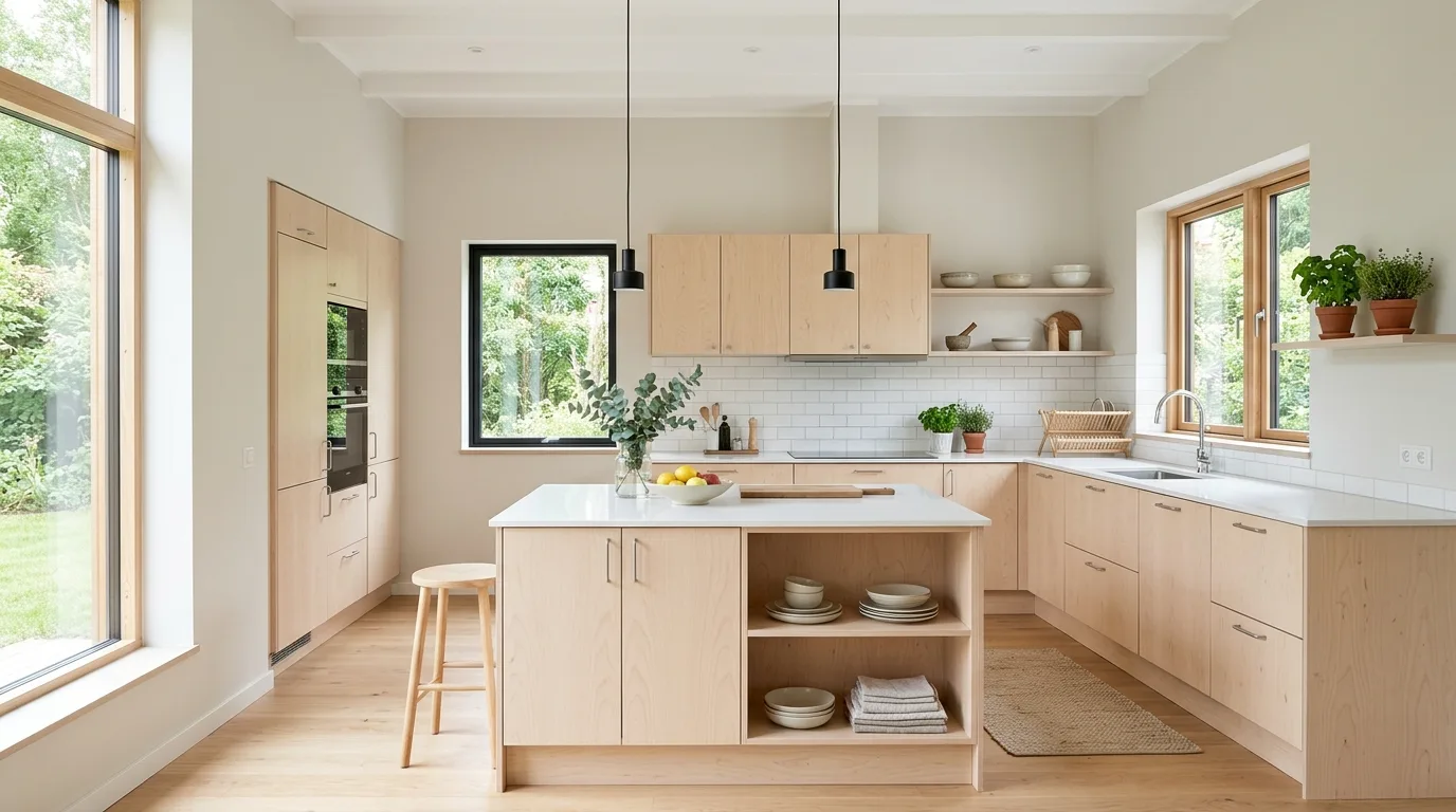 Handleless wood kitchen cabinets. Seamless warm modern cabinetry with uninterrupted grain.