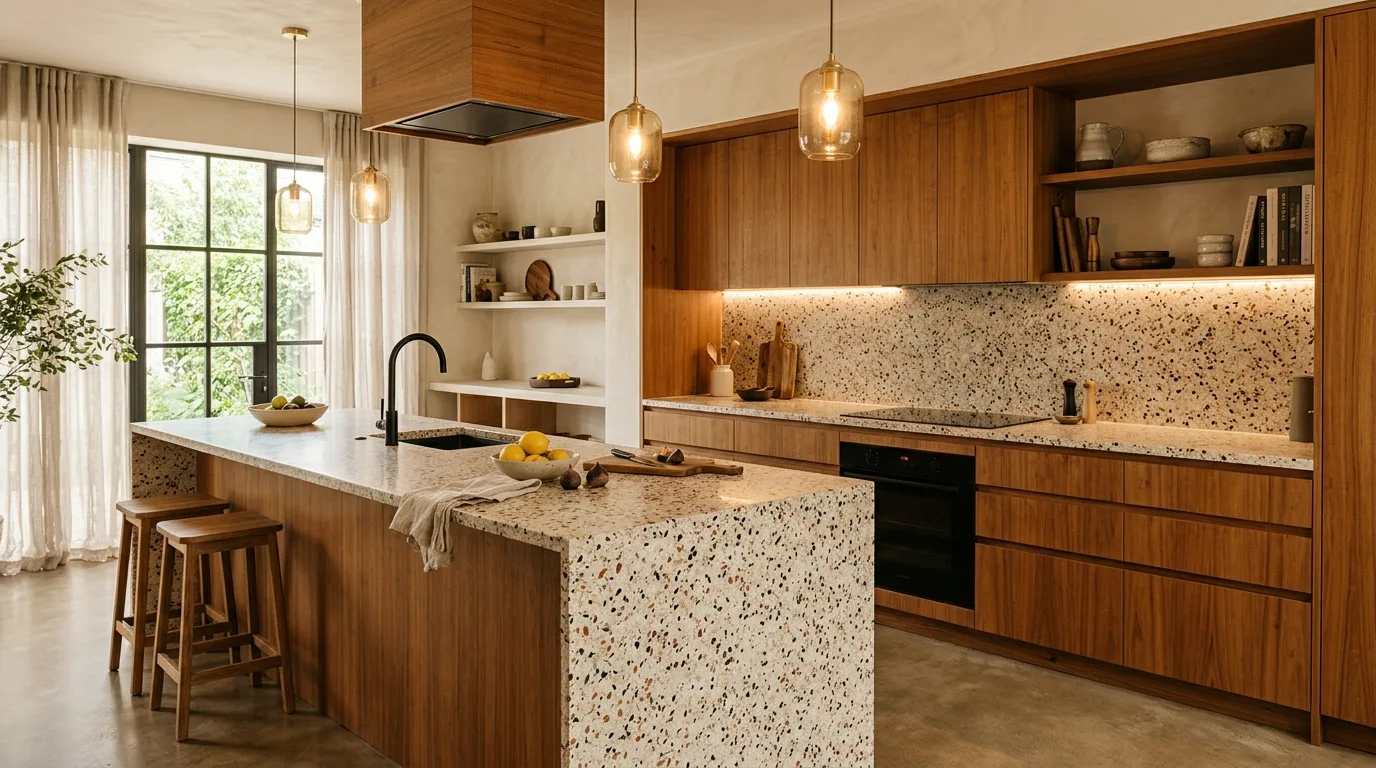 Wood kitchen with black accents. Natural cabinetry defined by dark contemporary details.