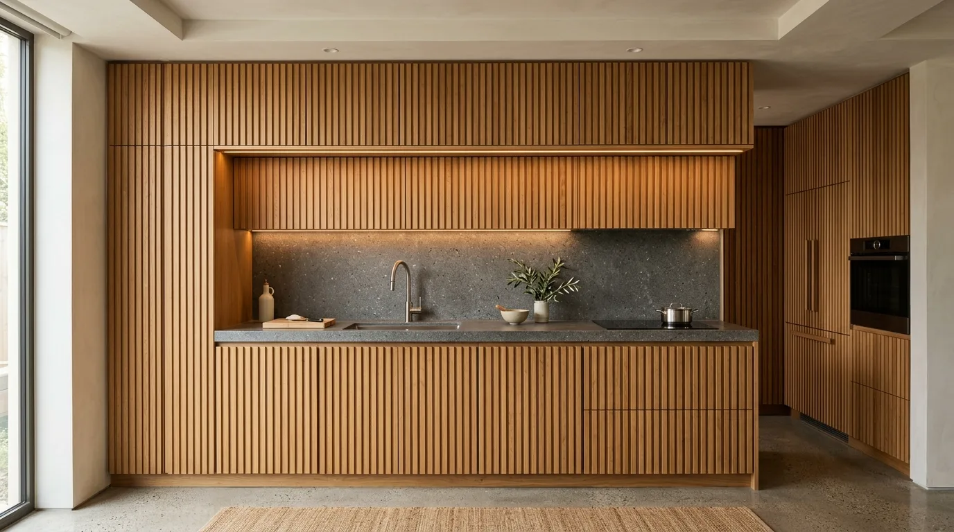 Wood pantry wall with integrated appliances. Warm organic modern kitchen with seamless functional design.