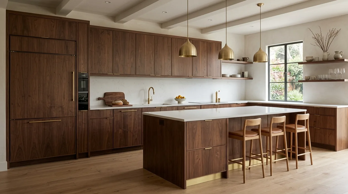 Wood and marble modern kitchen. Natural organic kitchen with quiet luxurious material pairing.