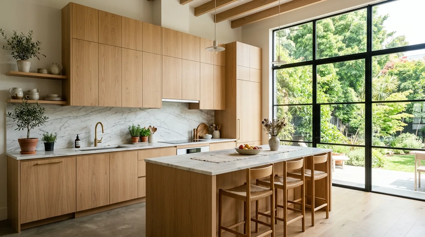 Wood kitchen around breakfast nook. Cohesive organic modern space with integrated warm timber.