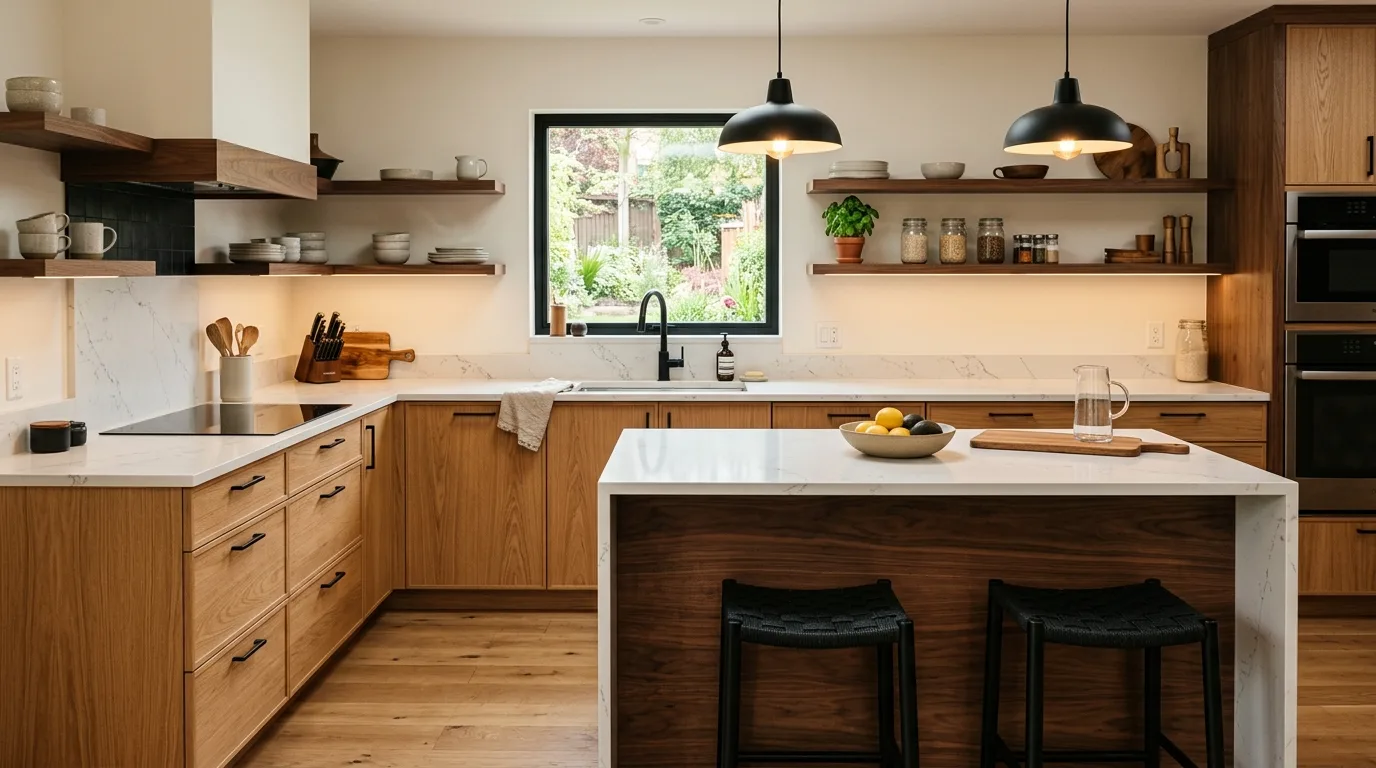 Warm lighting in modern wood kitchen. Layered illumination enhancing organic timber warmth.