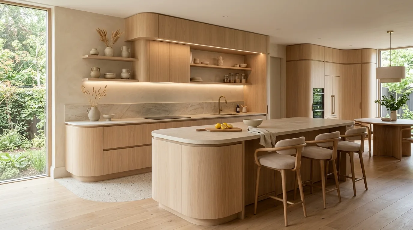 Wood kitchen designed as complete organic aesthetic. Natural modern palette built around warm timber throughout the room.