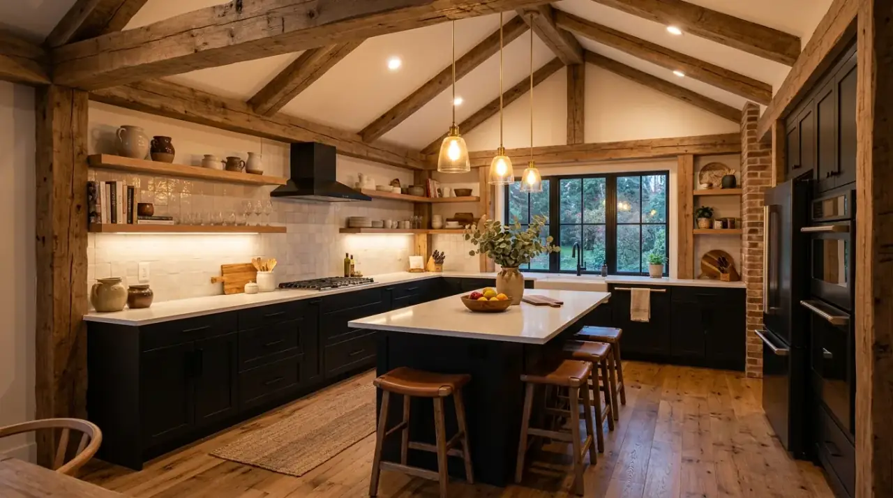 Warm rustic modern kitchen blending cozy natural materials with contemporary style.