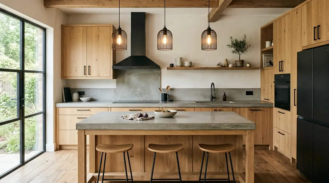 Rustic modern kitchen cabinetry. Simple cabinet forms balanced by organic textures for a cozy contemporary kitchen.