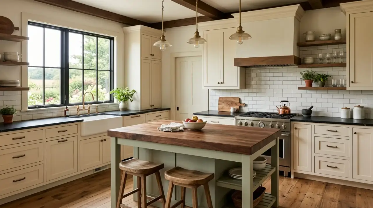 Stone surfaces in rustic modern kitchen. Natural stone adding grounded texture to a warm contemporary kitchen.