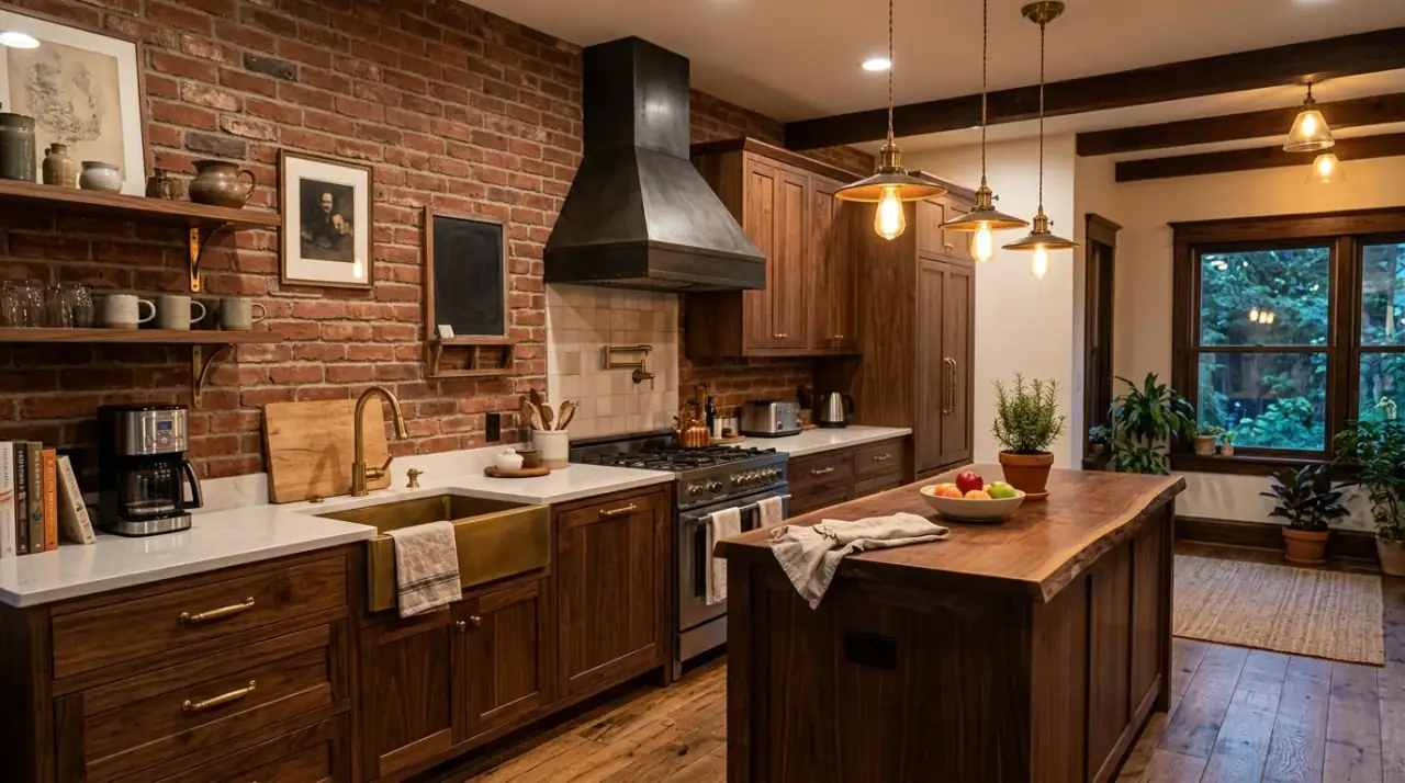 Black accents rustic modern kitchen. Sharper dark details balancing the warmth of a rustic modern kitchen.