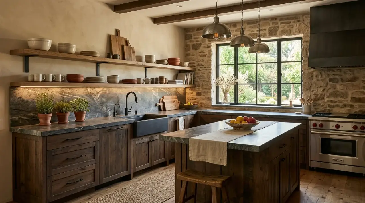 Rustic wood island modern kitchen. Statement island bringing warmth and texture into a cleaner contemporary room.