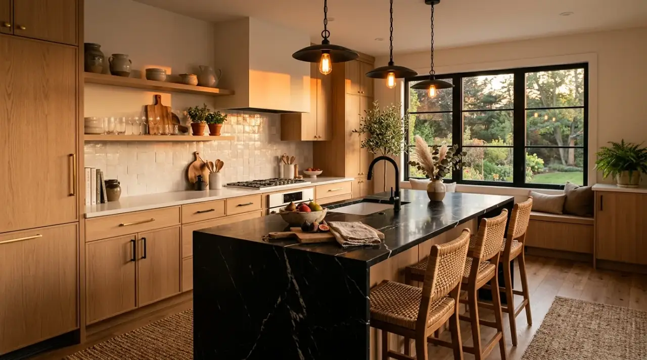 Plaster walls rustic modern kitchen. Soft wall texture helping natural materials feel more integrated and calm.