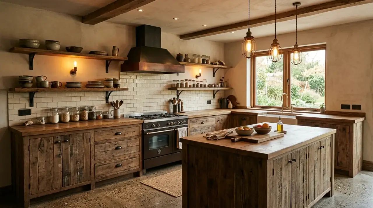 Warm lighting rustic modern kitchen. Gentle layered light reinforcing the cozy contemporary mood of the kitchen.