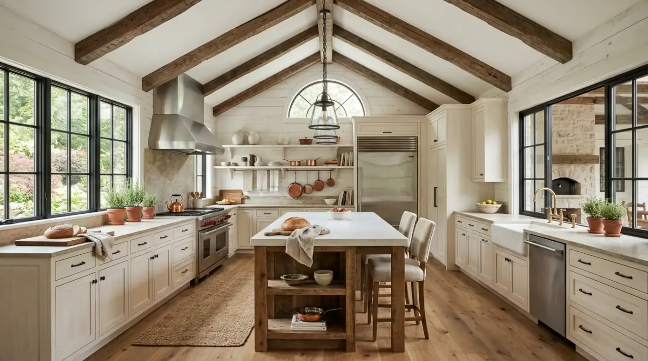Open shelves rustic modern kitchen. Relaxed visible storage adding warmth and character to the contemporary kitchen.