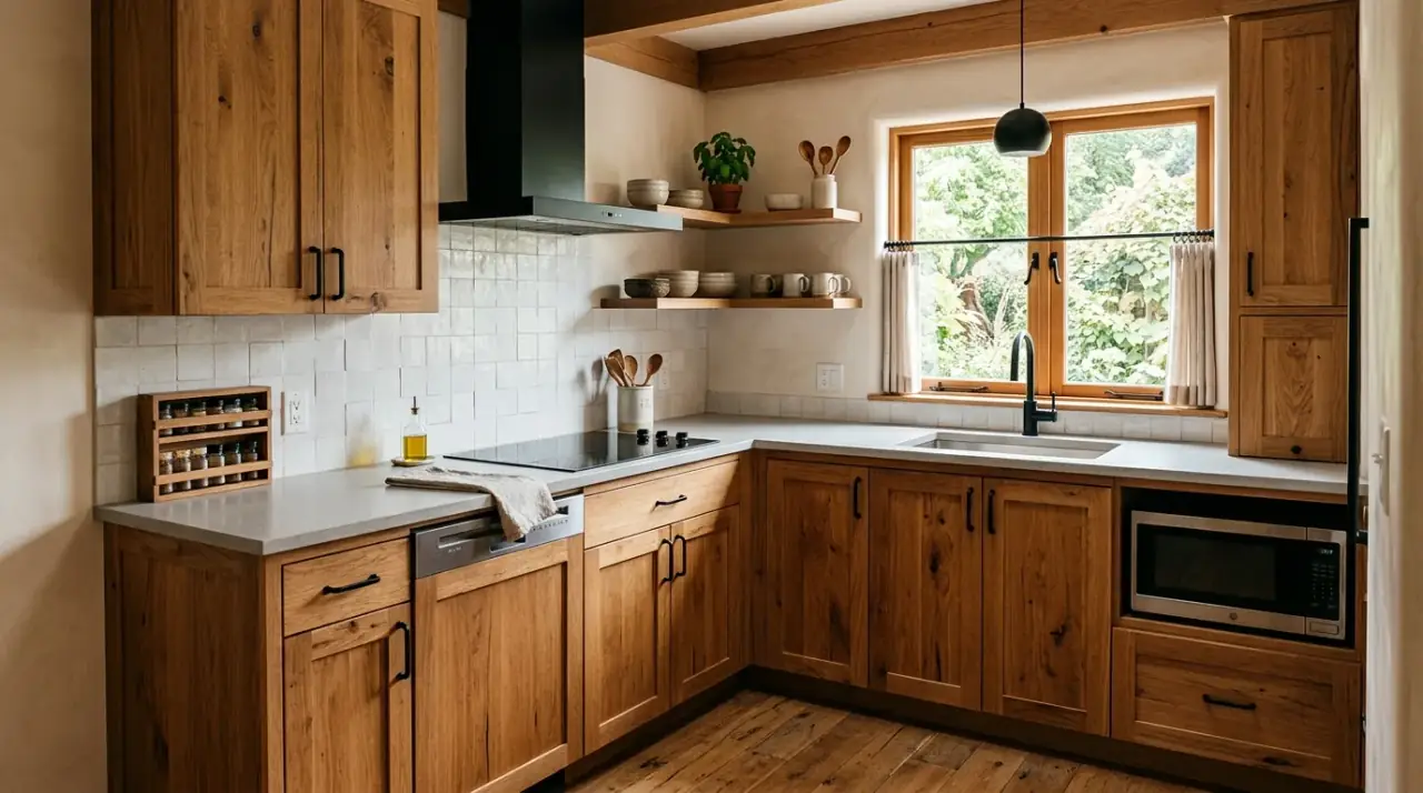 Mixed metals rustic modern kitchen. Layered fixture finishes bringing more depth to a cozy modern kitchen.