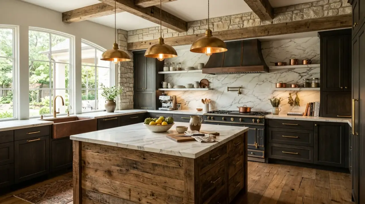 Earthy neutral rustic modern kitchen. Warm soft neutrals helping the kitchen feel grounded and quietly contemporary.