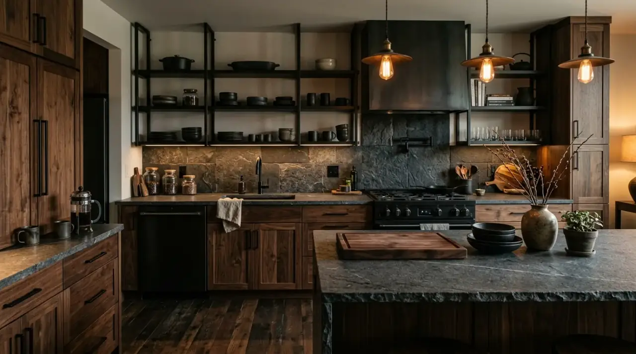Rustic modern kitchen decor. Practical restrained styling helping the kitchen feel warm and believable.