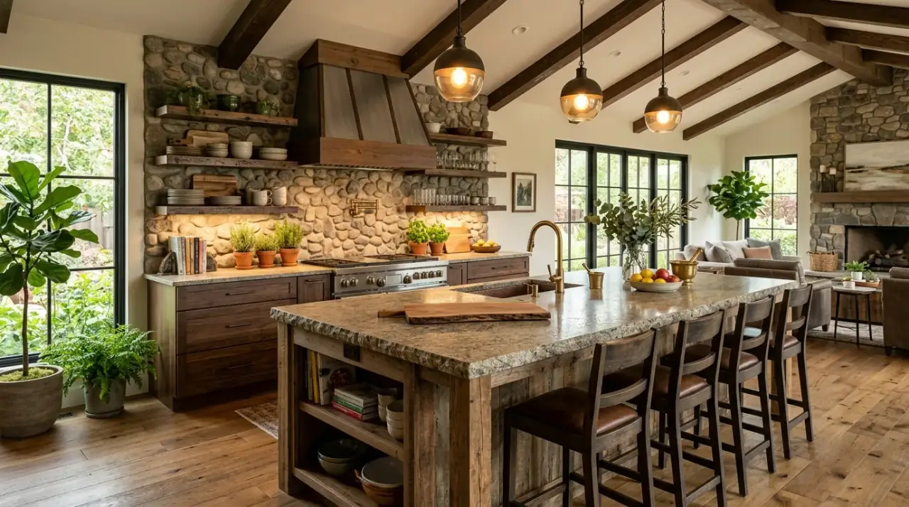 Rustic modern kitchen overview. Cozy contemporary kitchen blending clean lines with natural warmth and texture.