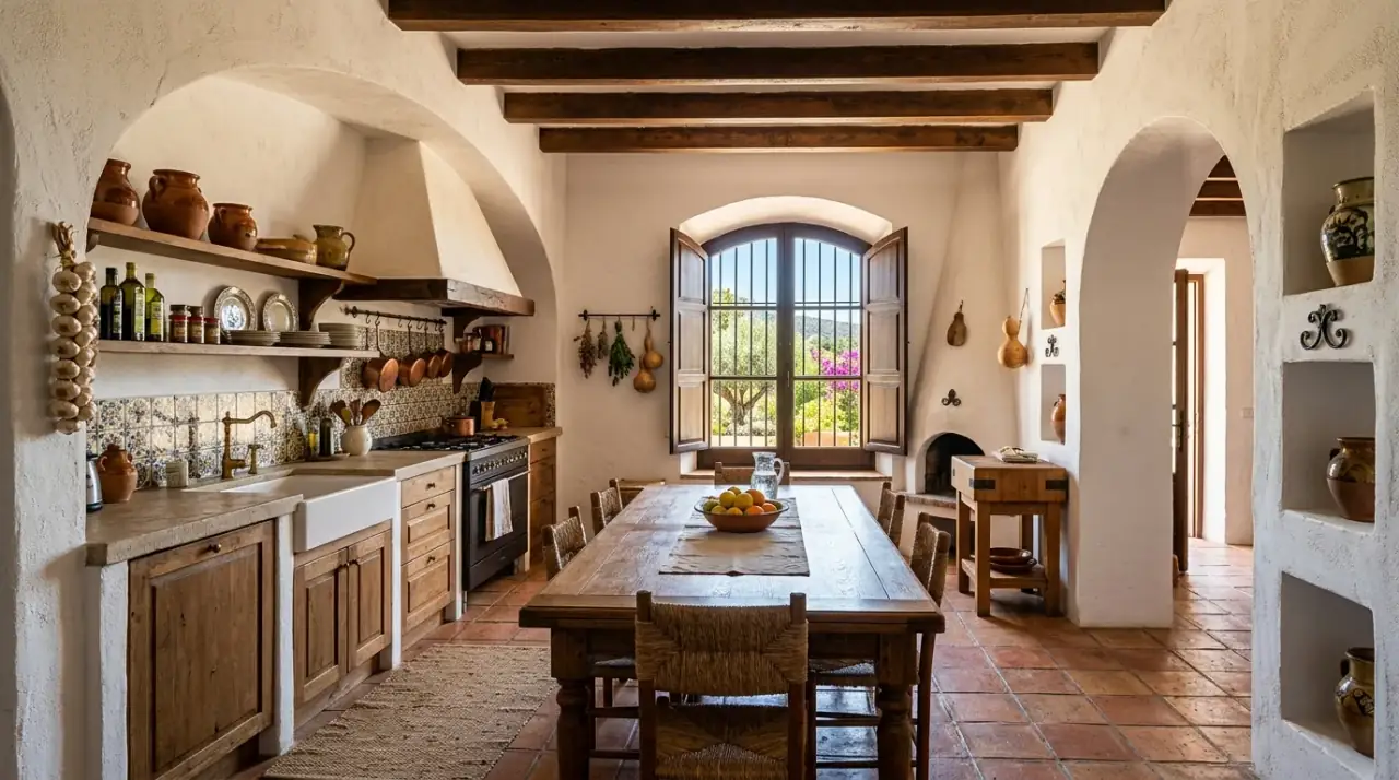 Warm Spanish Mediterranean kitchen with sun drenched color, texture, and handcrafted character.