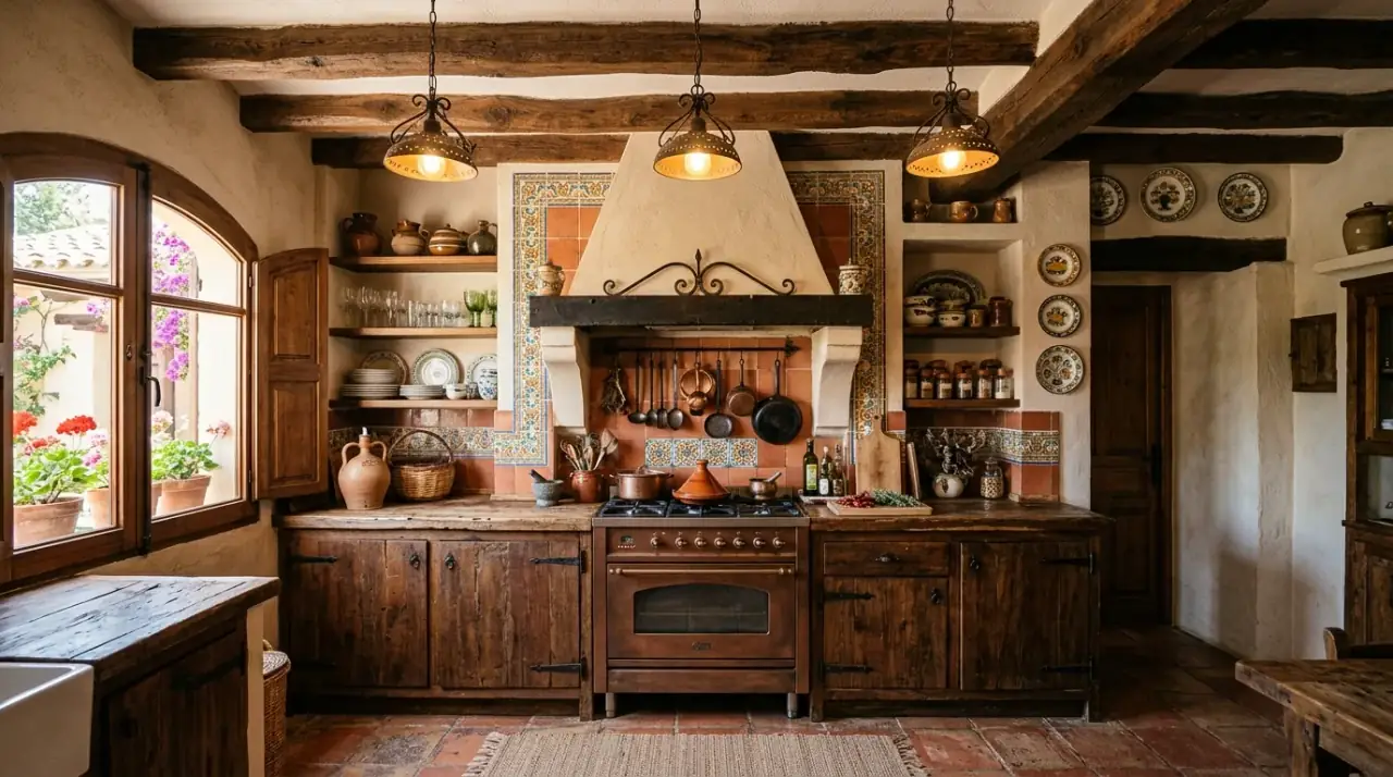 Terracotta Spanish Mediterranean kitchen. Warm kitchen with terracotta tile and Mediterranean character.