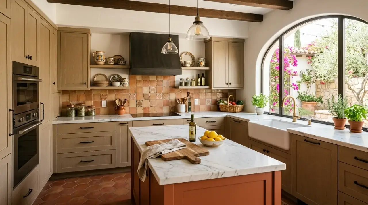 Arches in Mediterranean kitchen. Sun drenched Spanish kitchen with graceful arched architectural details.