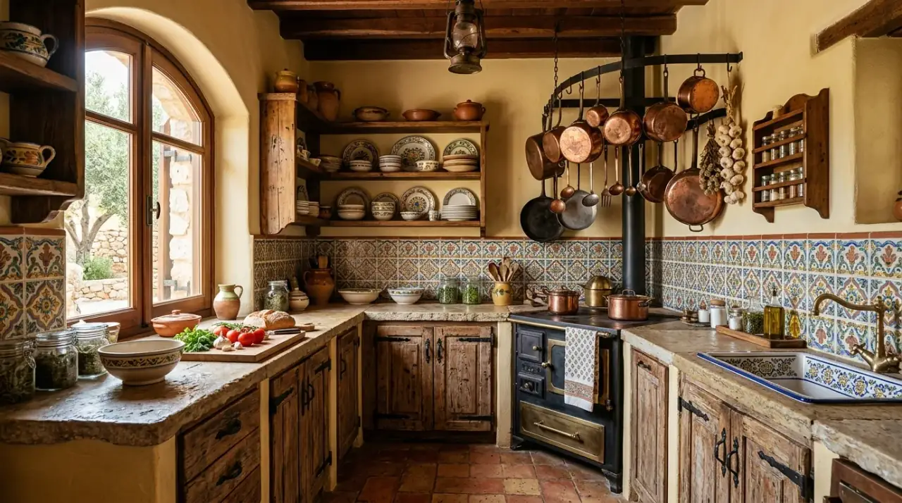 Aged wood Mediterranean kitchen. Warm Spanish kitchen balanced by dark or aged wood details.