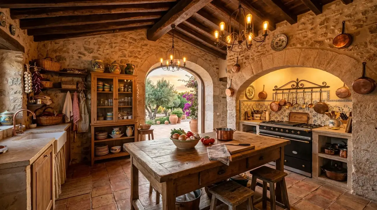 Handcrafted tile Mediterranean kitchen. Spanish Mediterranean kitchen with handmade tile and warm pattern.