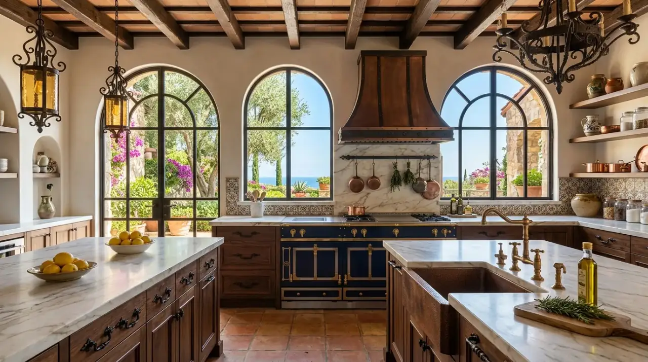 Wrought iron Mediterranean kitchen. Warm kitchen with wrought iron accents and Spanish character.