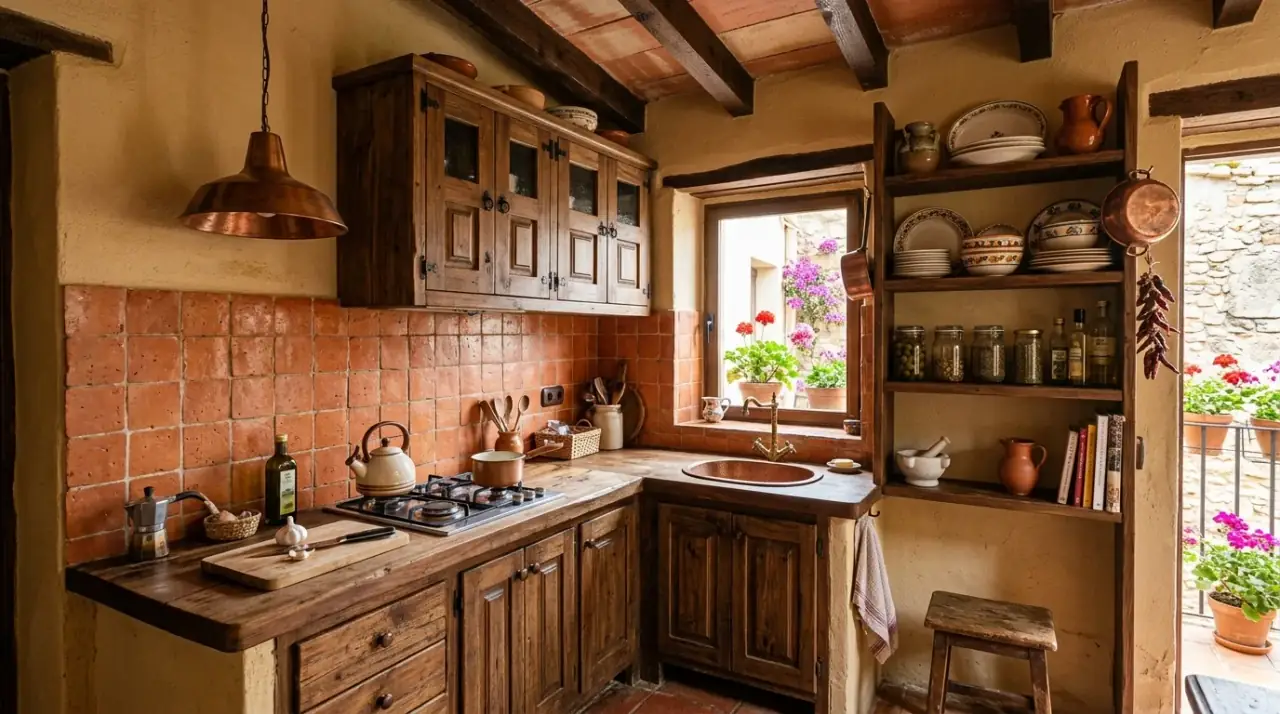 Open shelves Spanish kitchen. Mediterranean kitchen shelves displaying pottery and everyday essentials.