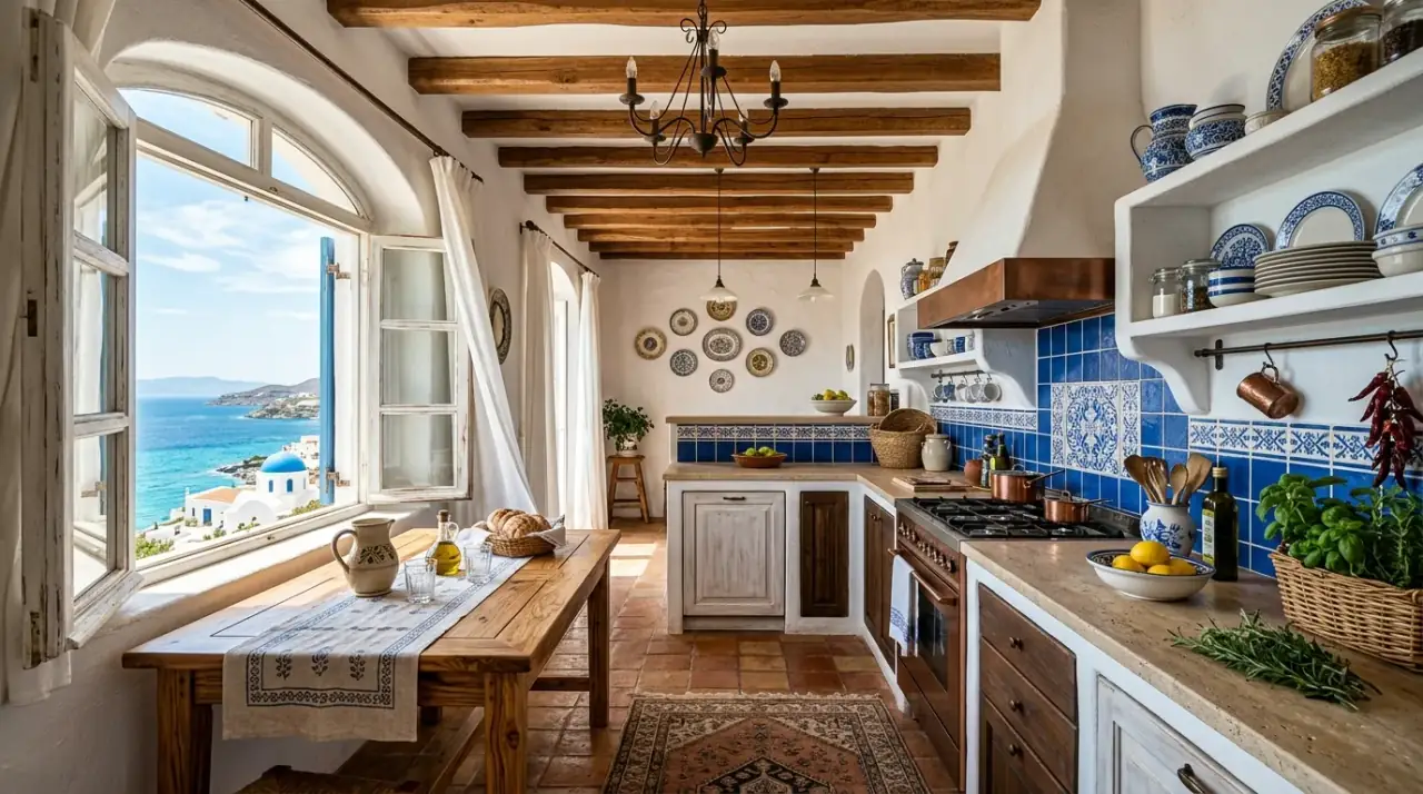 Olive green Mediterranean kitchen. Warm Spanish kitchen with olive green accents and earthy balance.