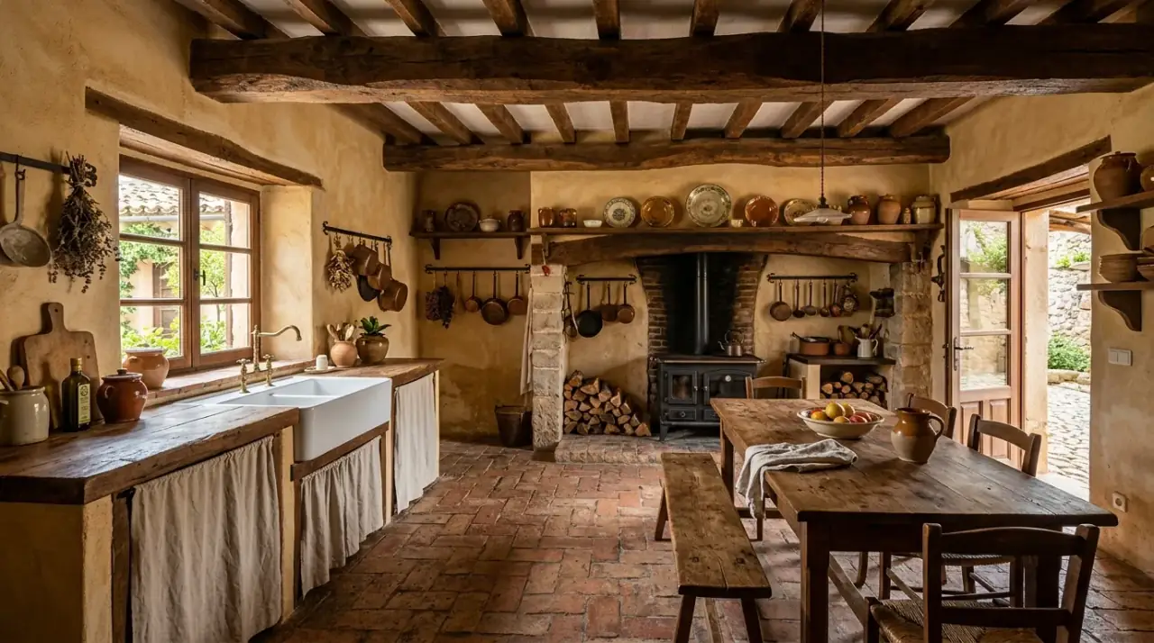 Mediterranean kitchen table. Sun drenched kitchen centered around a rustic island or farm table.