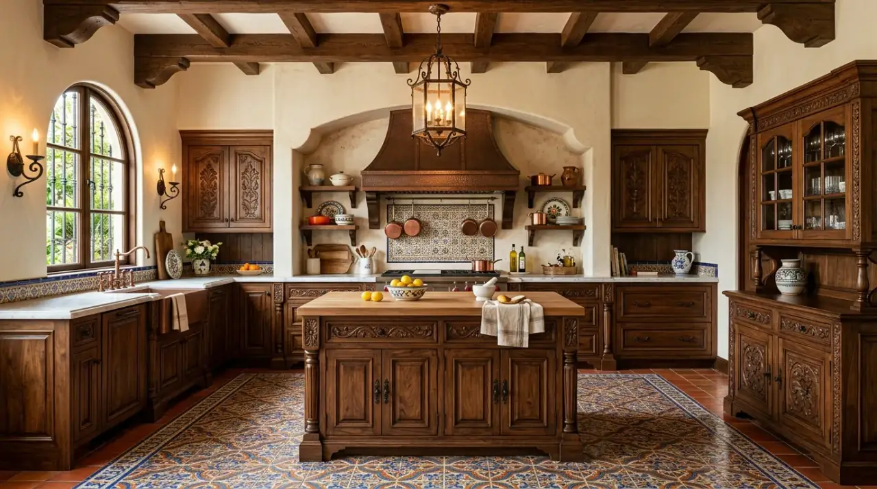 Stone counters Mediterranean kitchen. Warm Spanish kitchen with tactile natural stone countertops.
