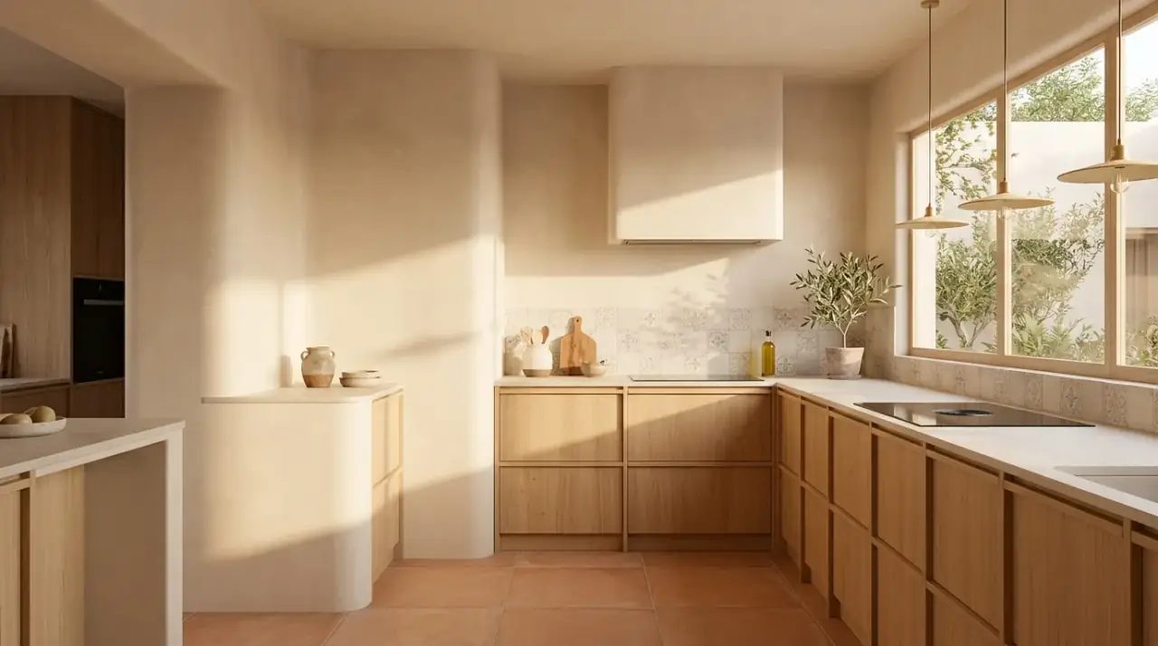 Sunlight in Mediterranean kitchen. Sun drenched Spanish kitchen shaped by warm natural light.
