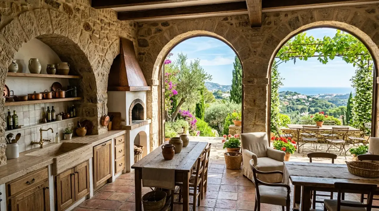 Linen and woven Mediterranean kitchen. Warm kitchen decor using linen and woven textures for softness.