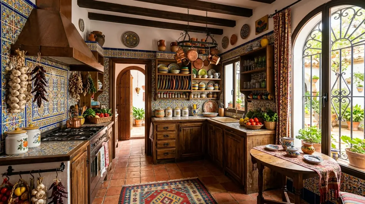 Pottery and produce Mediterranean kitchen. Spanish Mediterranean kitchen styled with pottery and fresh produce.