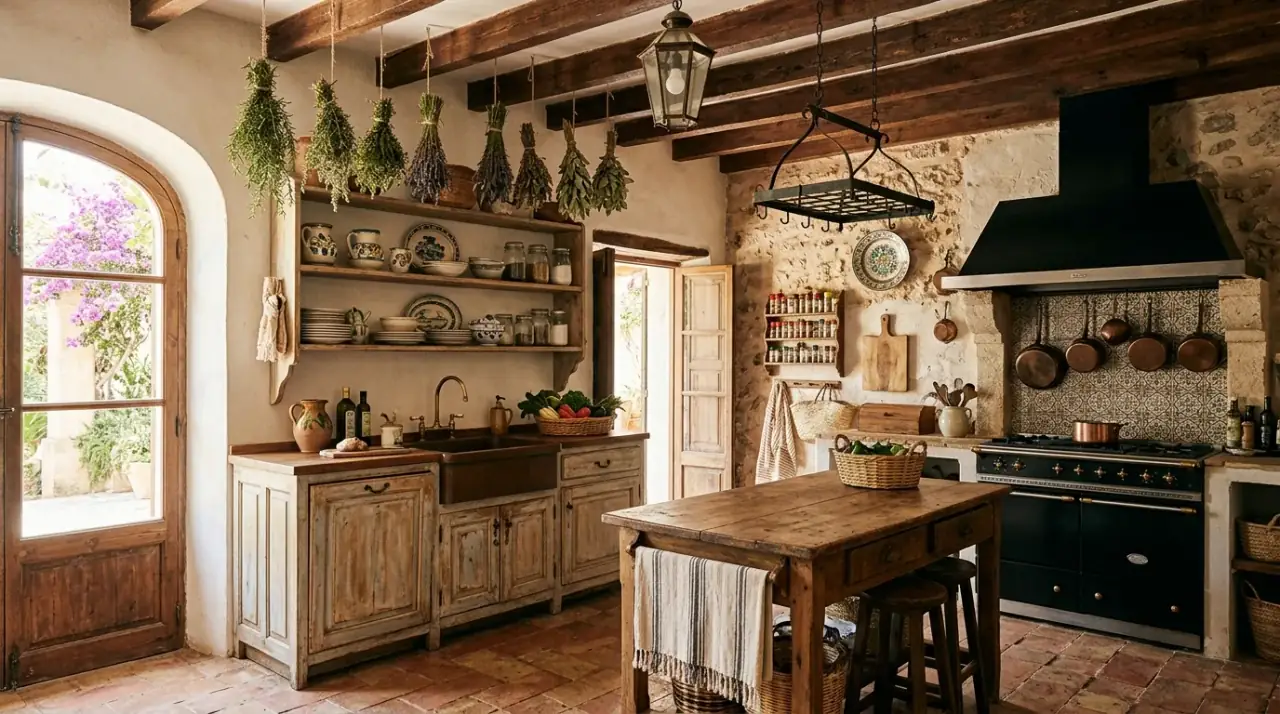 Balanced Mediterranean palette. Warm Spanish kitchen using a rich but edited Mediterranean palette.