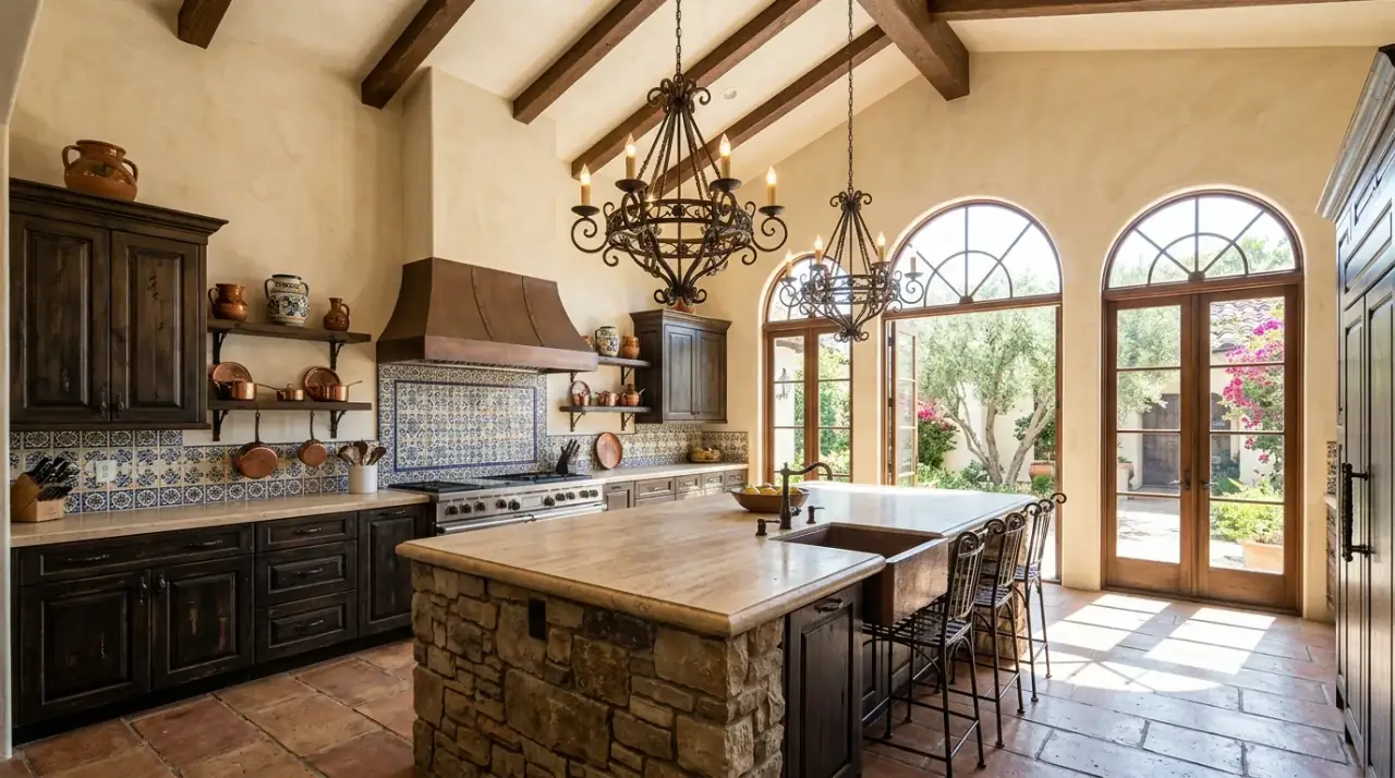 Spanish Mediterranean kitchen overview. Warm sun drenched kitchen with Spanish Mediterranean texture and charm.