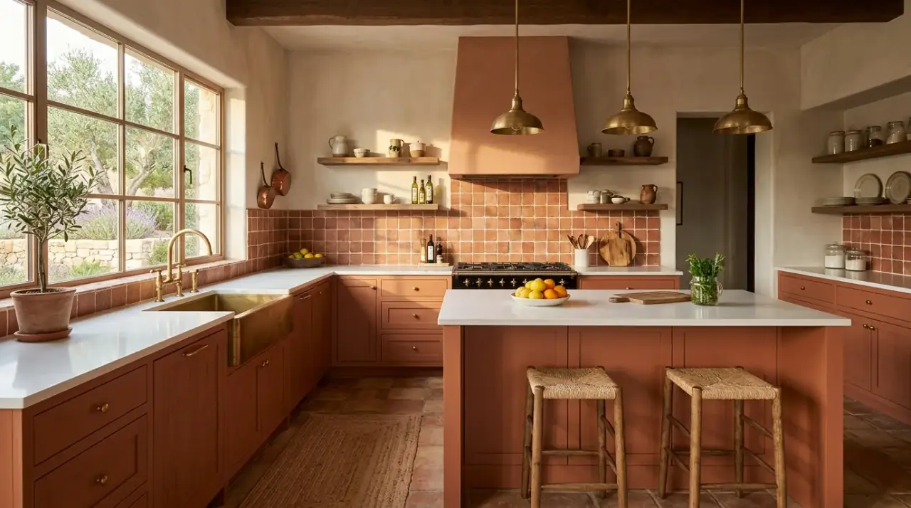 Warm terracotta kitchen decor creating an earthy Mediterranean vibe through pottery and color.