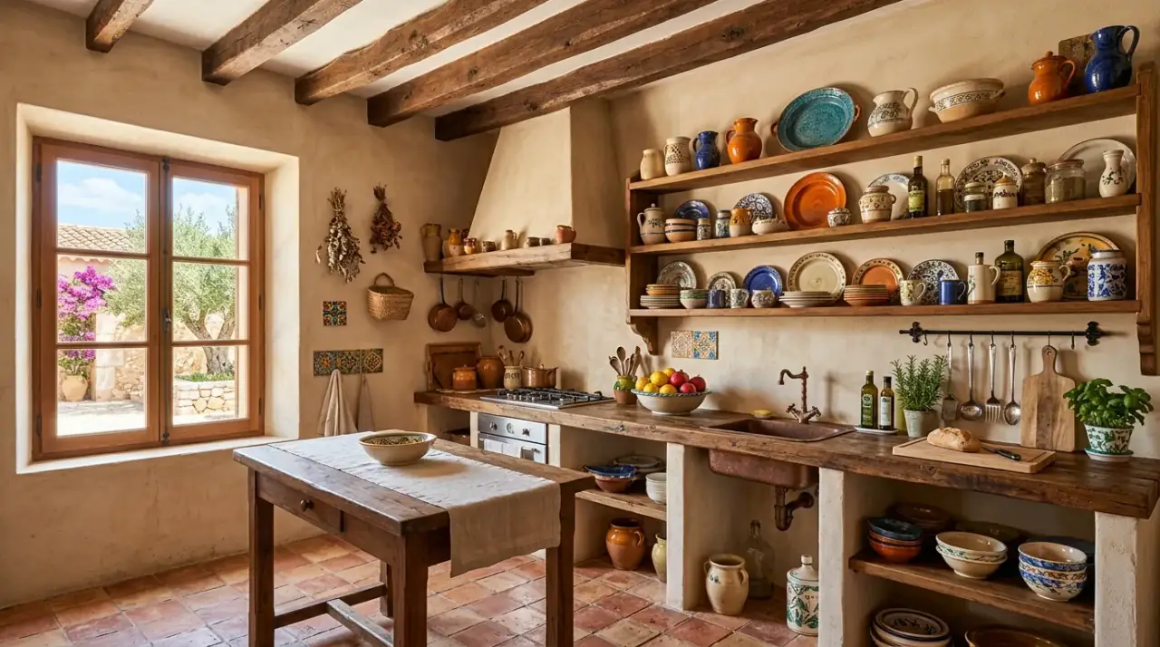 Terracotta backsplash kitchen. Earthy Mediterranean kitchen with a warm terracotta backsplash.