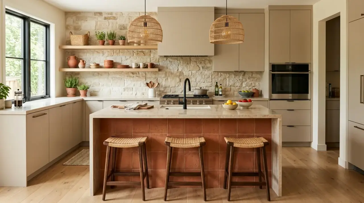 Terracotta kitchen with linen. Warm terracotta kitchen decor softened by linen and natural fibers.