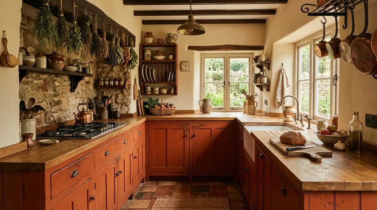 Terracotta and cream kitchen. Earthy Mediterranean kitchen pairing terracotta decor with creamy surfaces.