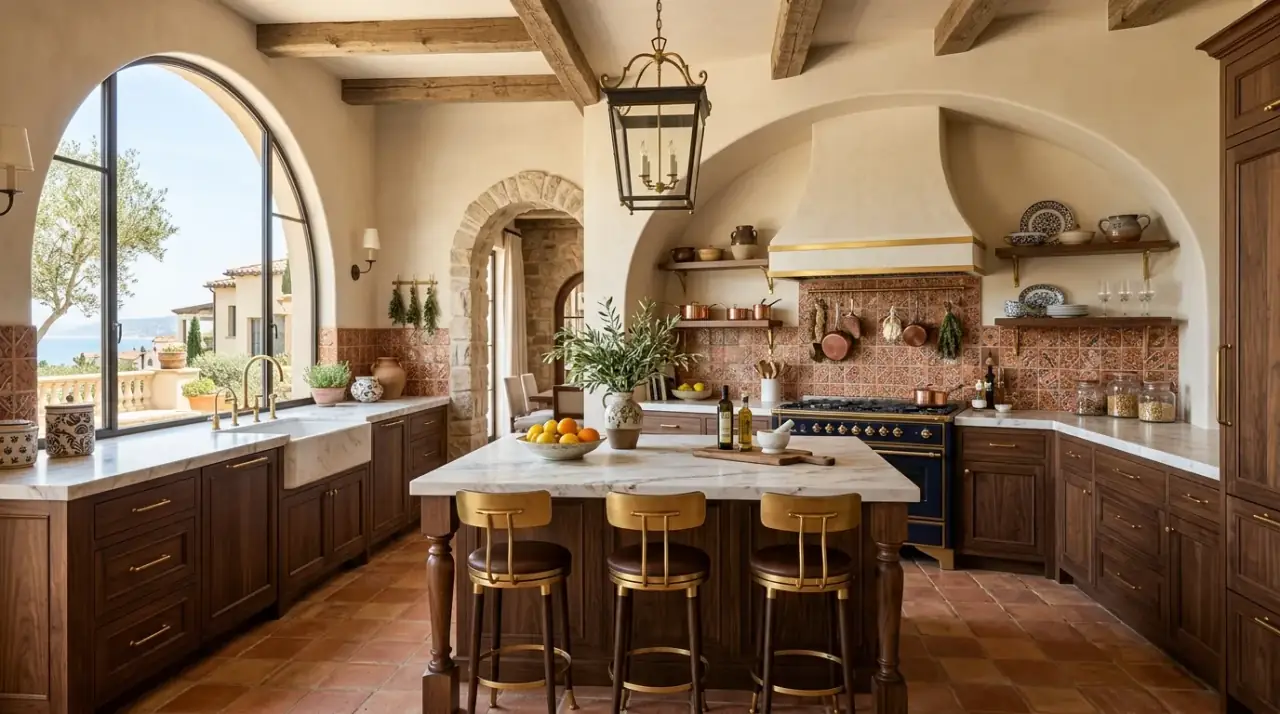 Terracotta kitchen floor. Warm kitchen decor with terracotta style flooring for a Mediterranean base.