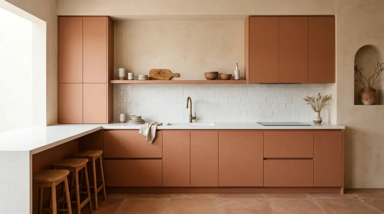 Terracotta pottery kitchen shelves. Open kitchen shelves displaying clay bowls and terracotta pottery.