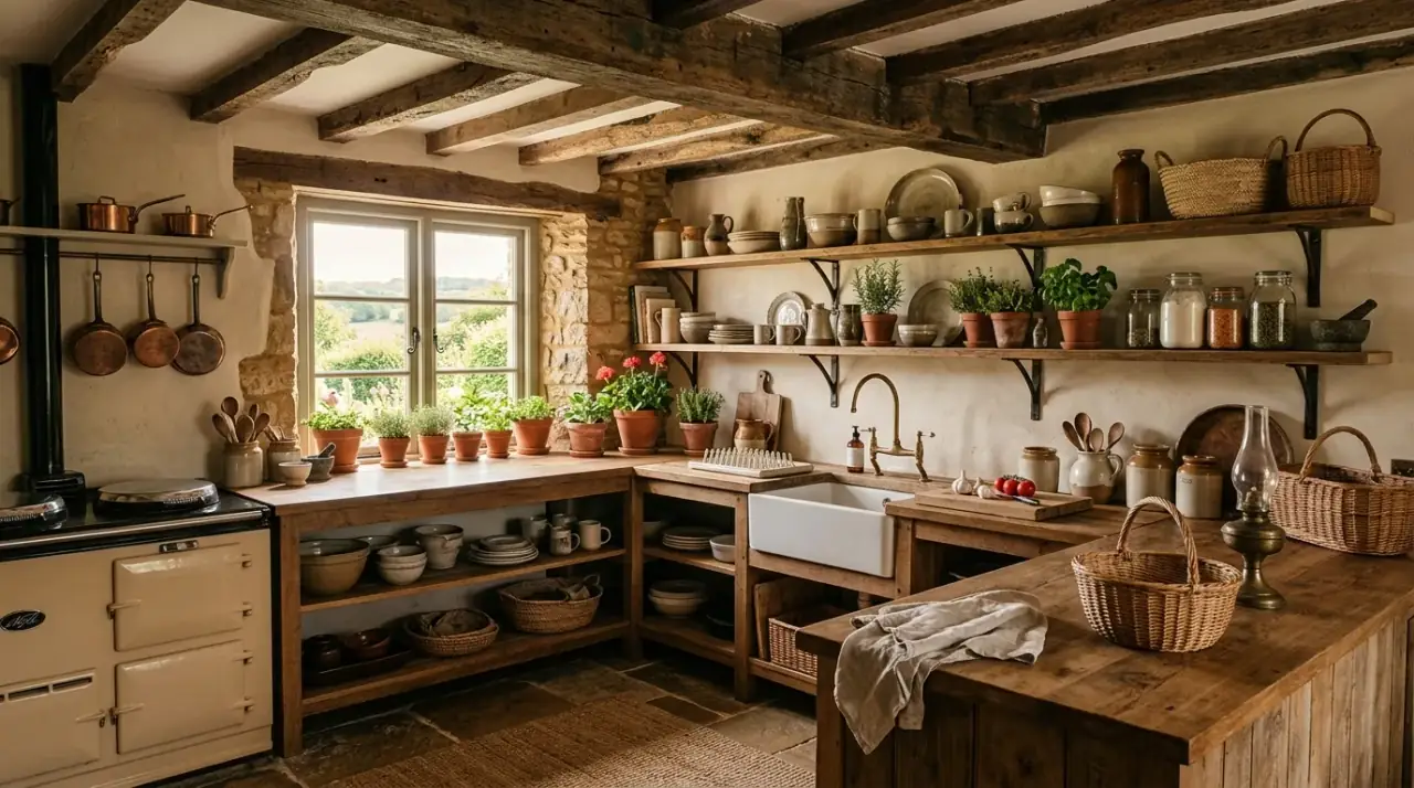 Terracotta kitchen with brass. Earthy kitchen decor pairing terracotta tones with aged brass accents.