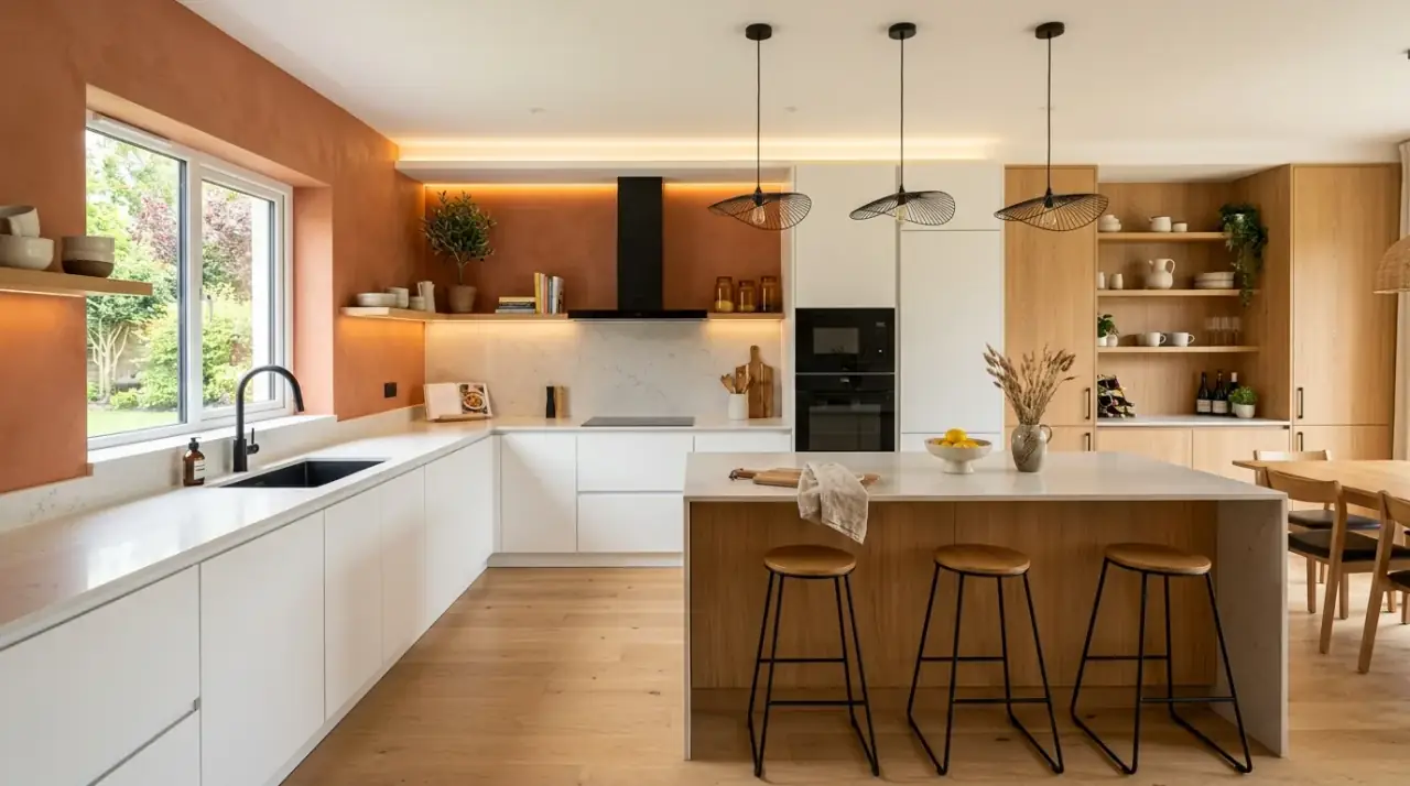 Terracotta accent wall kitchen. Mediterranean style kitchen with a warm terracotta accent wall.