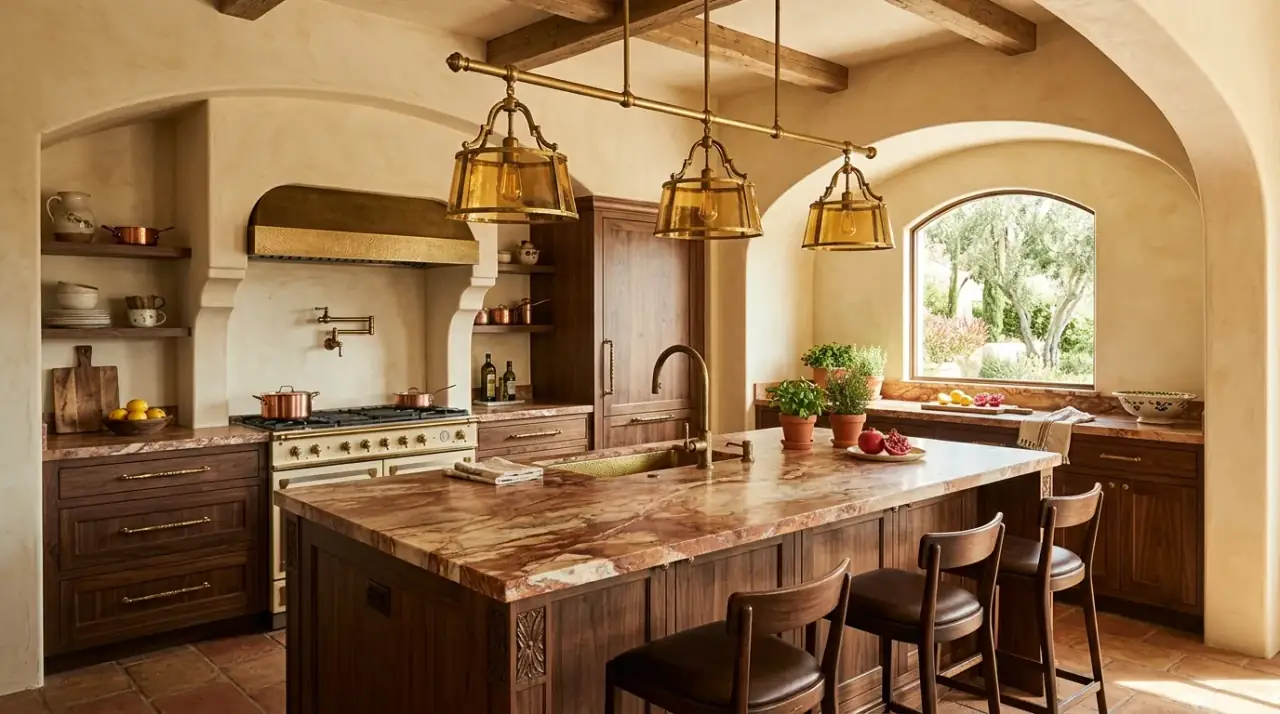 Handmade terracotta tile kitchen. Warm kitchen decor using handmade terracotta toned tile for texture.