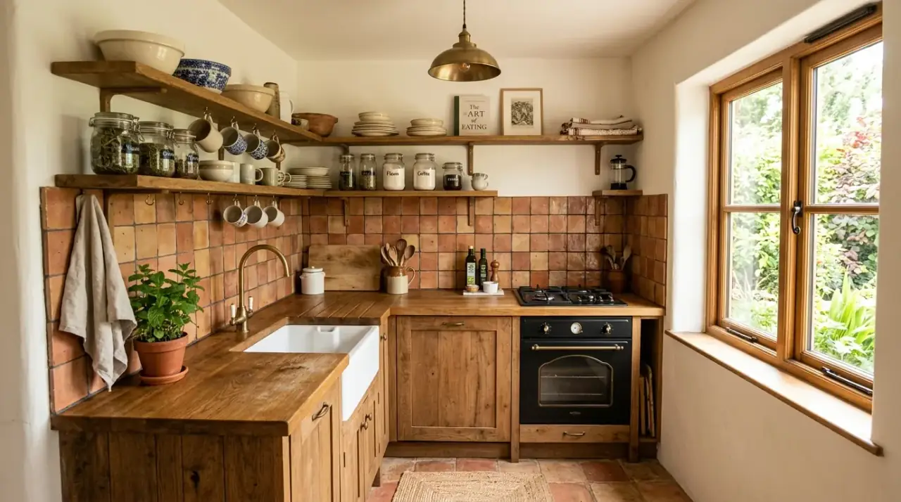 Sunlit terracotta kitchen. Earthy Mediterranean kitchen with terracotta decor glowing in natural light.