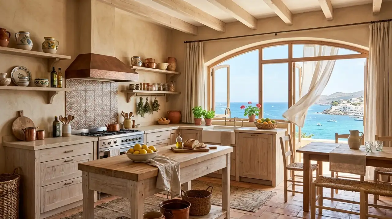 Earthy terracotta kitchen decor. Warm kitchen styled with tactile earthy decor around terracotta tones.
