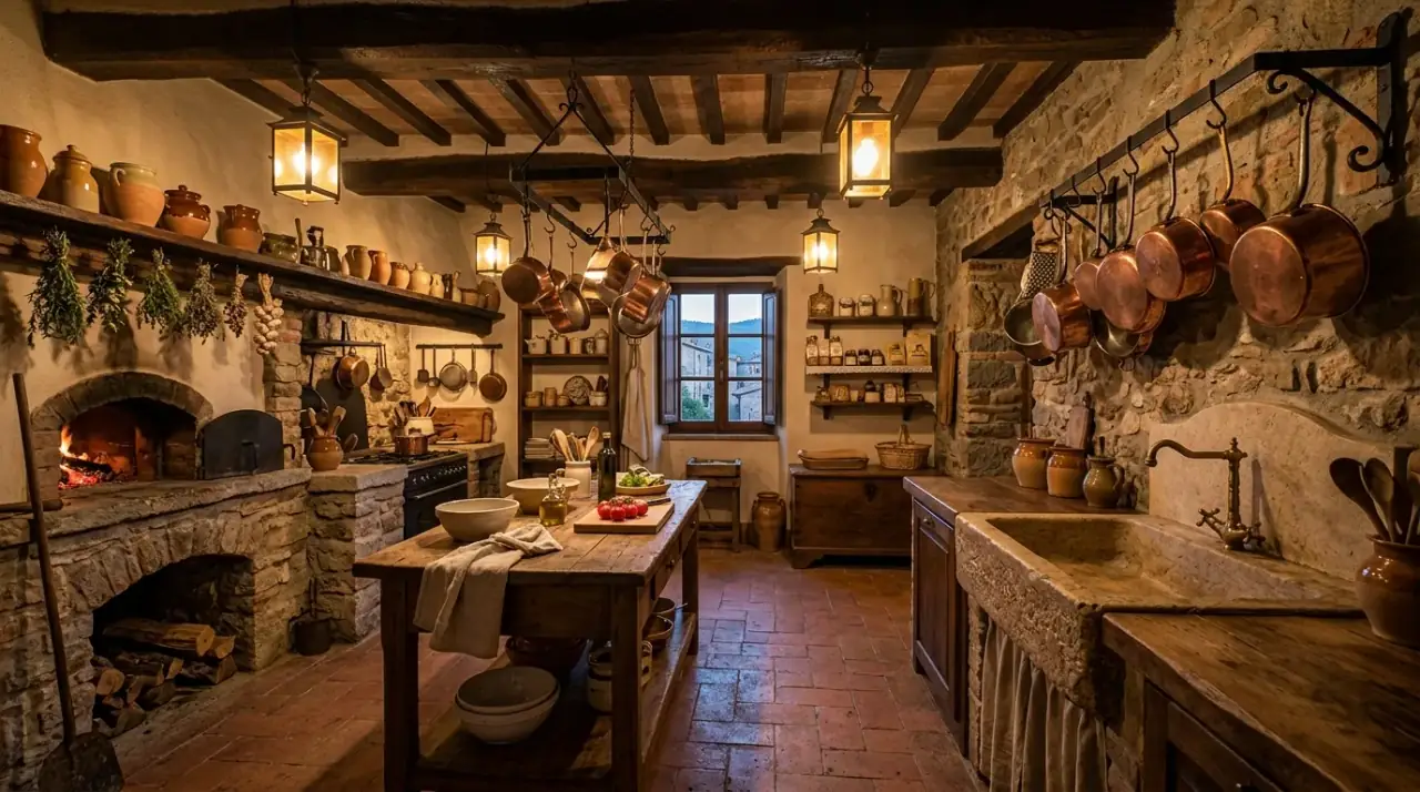 Terracotta accents in neutral kitchen. Neutral kitchen warmed by terracotta decor and Mediterranean touches.