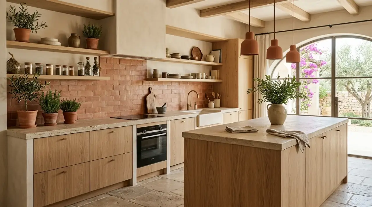 Terracotta kitchen overview. Warm terracotta kitchen decor creating an earthy Mediterranean atmosphere.