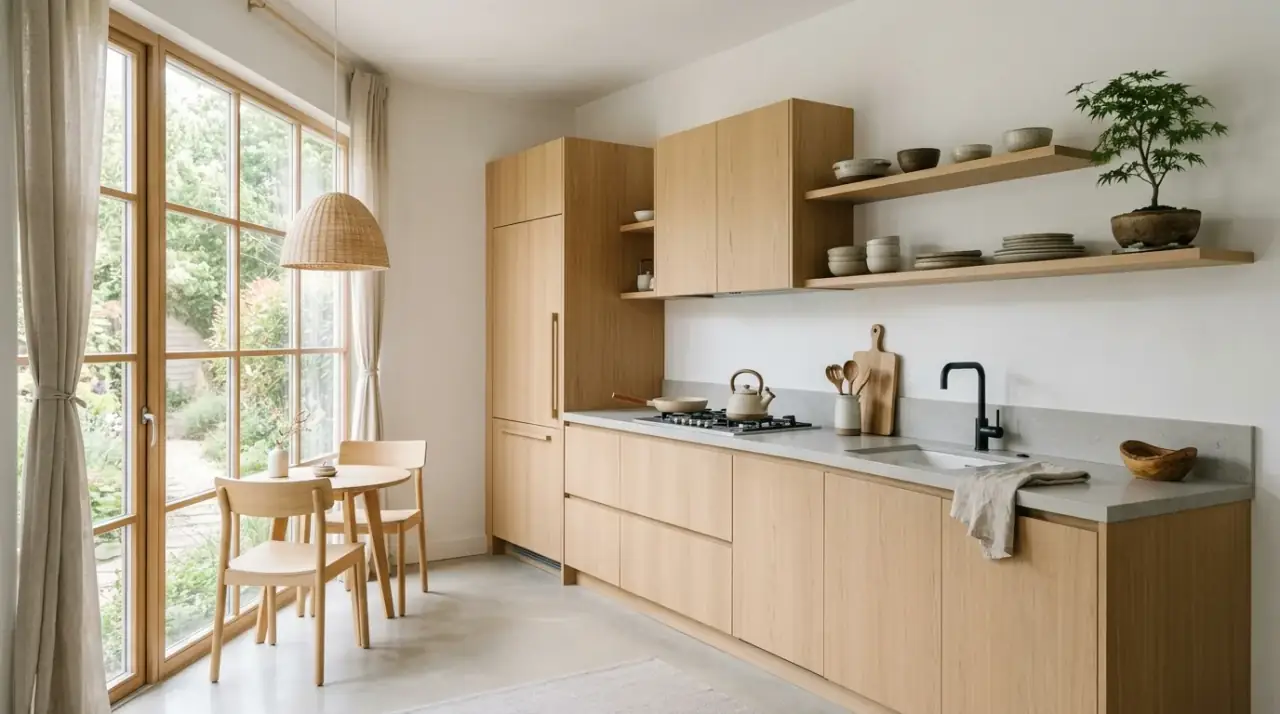 Zen Japandi style kitchen creating a calm minimalist cooking space with warmth and simplicity.