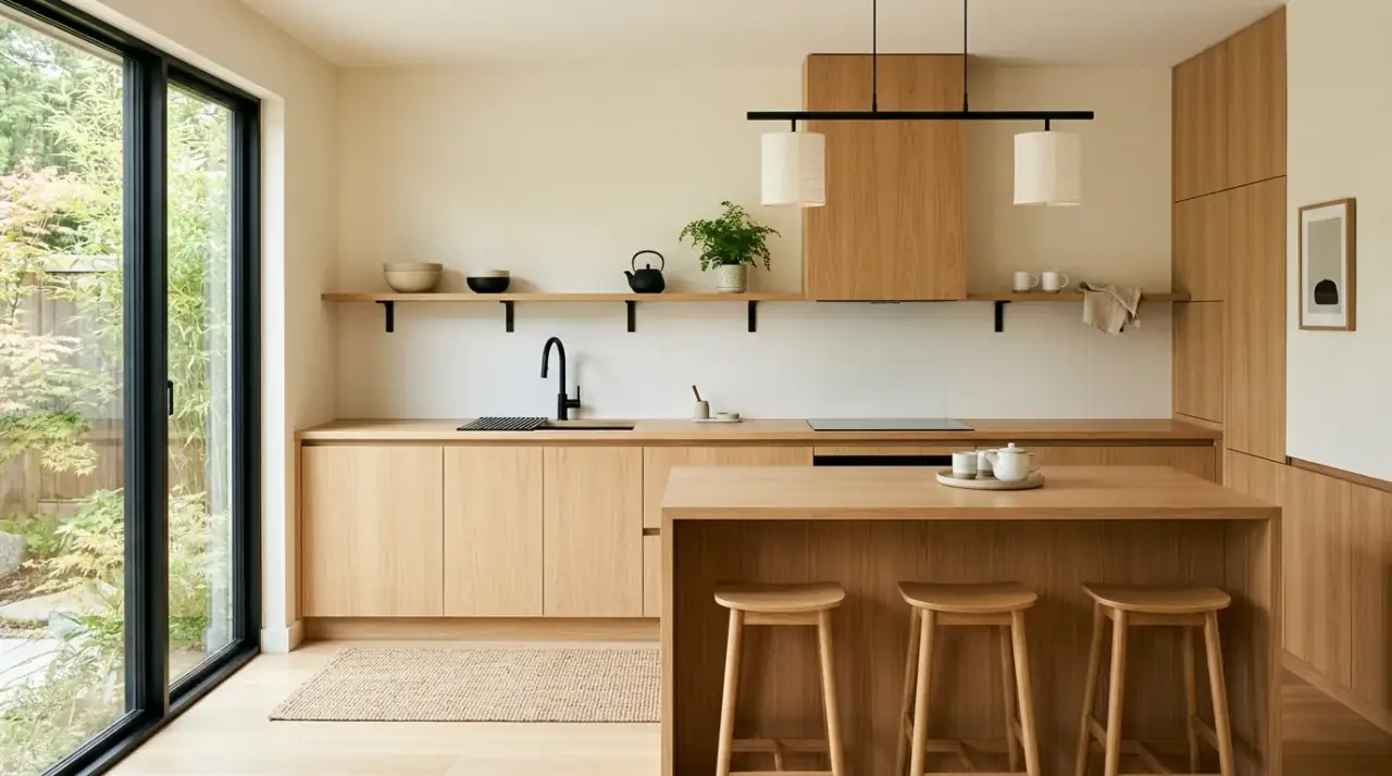 Light wood Japandi kitchen. Calm Japandi kitchen featuring light natural wood and minimalist warmth.